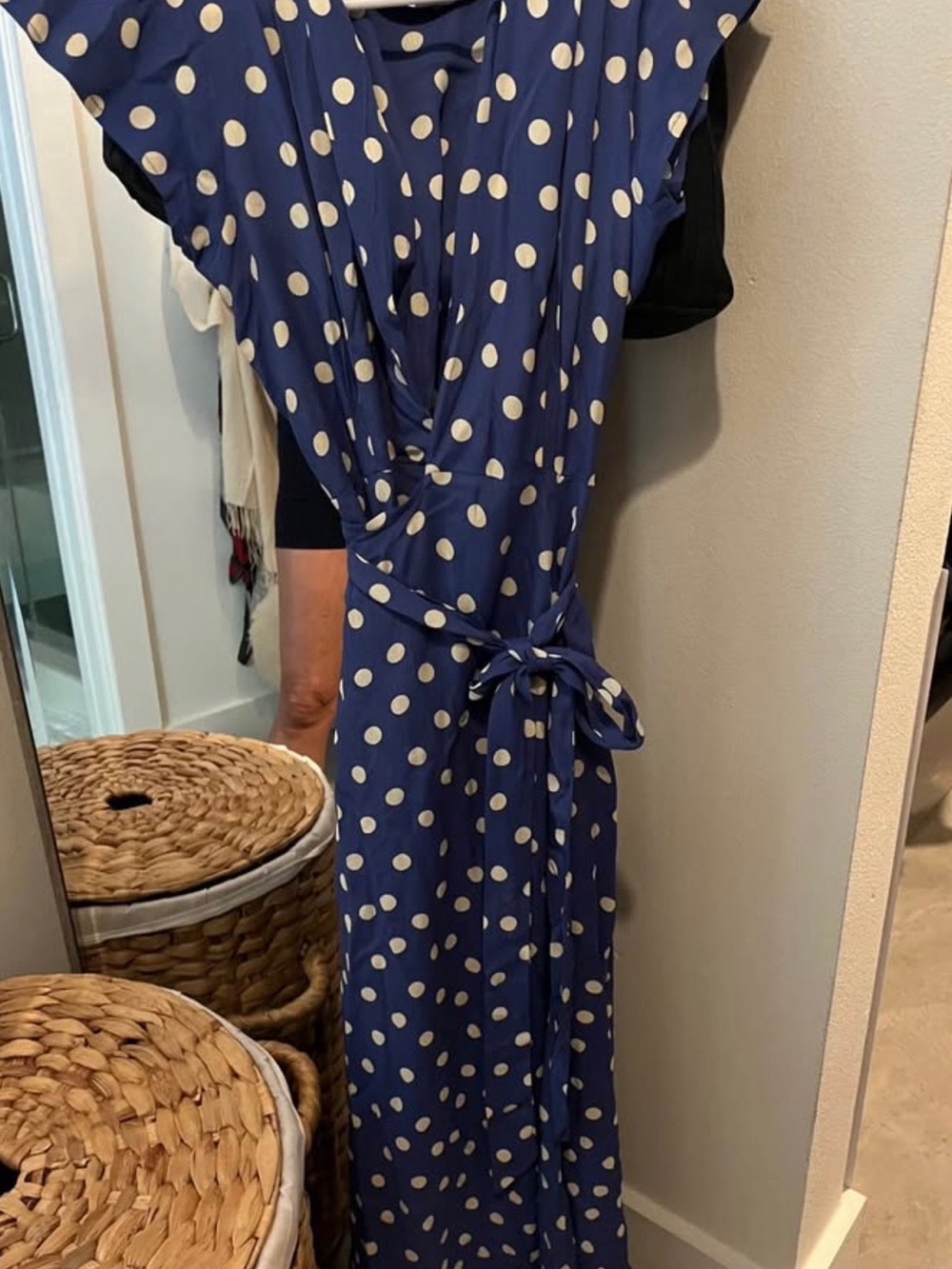 Tularosa Navy Blue and Cream Polka Dot Wrap Maxi Dress
